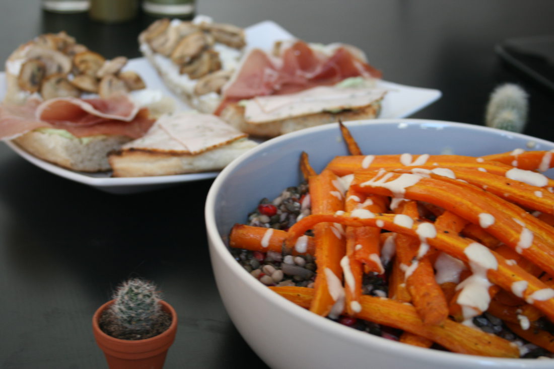 linzen-speltsalade met oven gegaarde wortelen